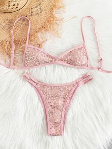 Swim Vcay 70s Retro Pink Summer Sequin Bikini Set, High-Cut Reversible Two Pieces Swimwear With Adjustable Strap,Sweet Beach,Holiday,Party Triangle Suit - Pink - View 3