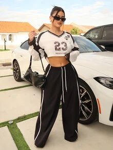 Dayanna Comas Celana Panjang Wanita Model Longgar dengan Tali Serut di Pinggang dan Warna Kontras, Model Kaki Lurus untuk Olahraga - Hitam - View 1