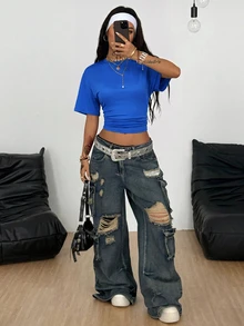 Coolane Women's Summer Minimalist Y2K Basic Streetwear Vacation Holiday Daily Wear Casual Stretchy Blue Loose Ruched Crop Tees,Summer Top - Dusty Blue - View 3