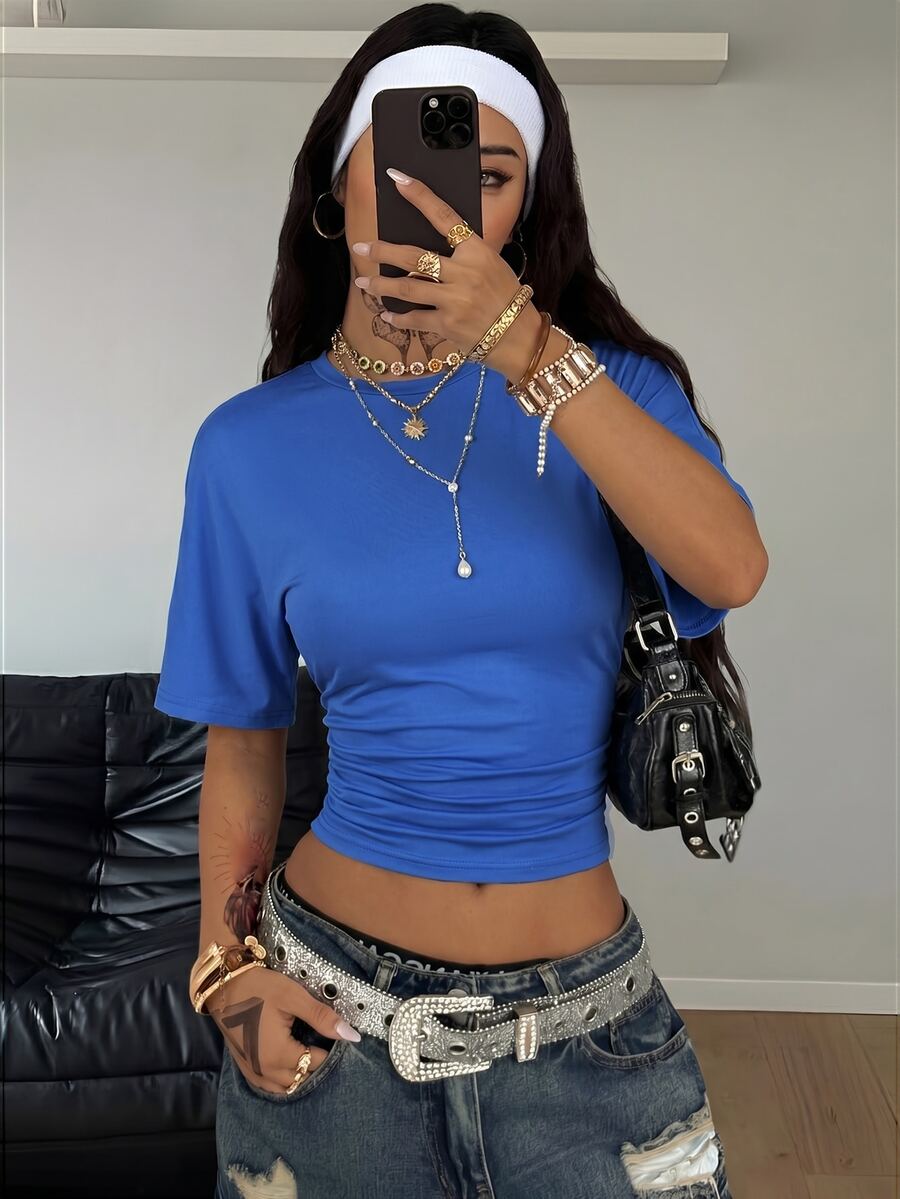 Coolane Women's Summer Minimalist Y2K Basic Streetwear Vacation Holiday Daily Wear Casual Stretchy Blue Loose Ruched Crop Tees,Summer Top - Dusty Blue - View 1
