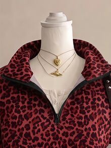 SHEIN EZwear 經典紅色豹紋半拉鍊女款運動衫，棕色調，秋季休閒街頭風，適合多種場合，Y2K復古風，返校季、聖誕節、新年，秋冬上衣 - 彩色 - 查看 3