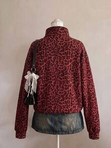 SHEIN EZwear 經典紅色豹紋半拉鍊女款運動衫，棕色調，秋季休閒街頭風，適合多種場合，Y2K復古風，返校季、聖誕節、新年，秋冬上衣 - 彩色 - 查看 2