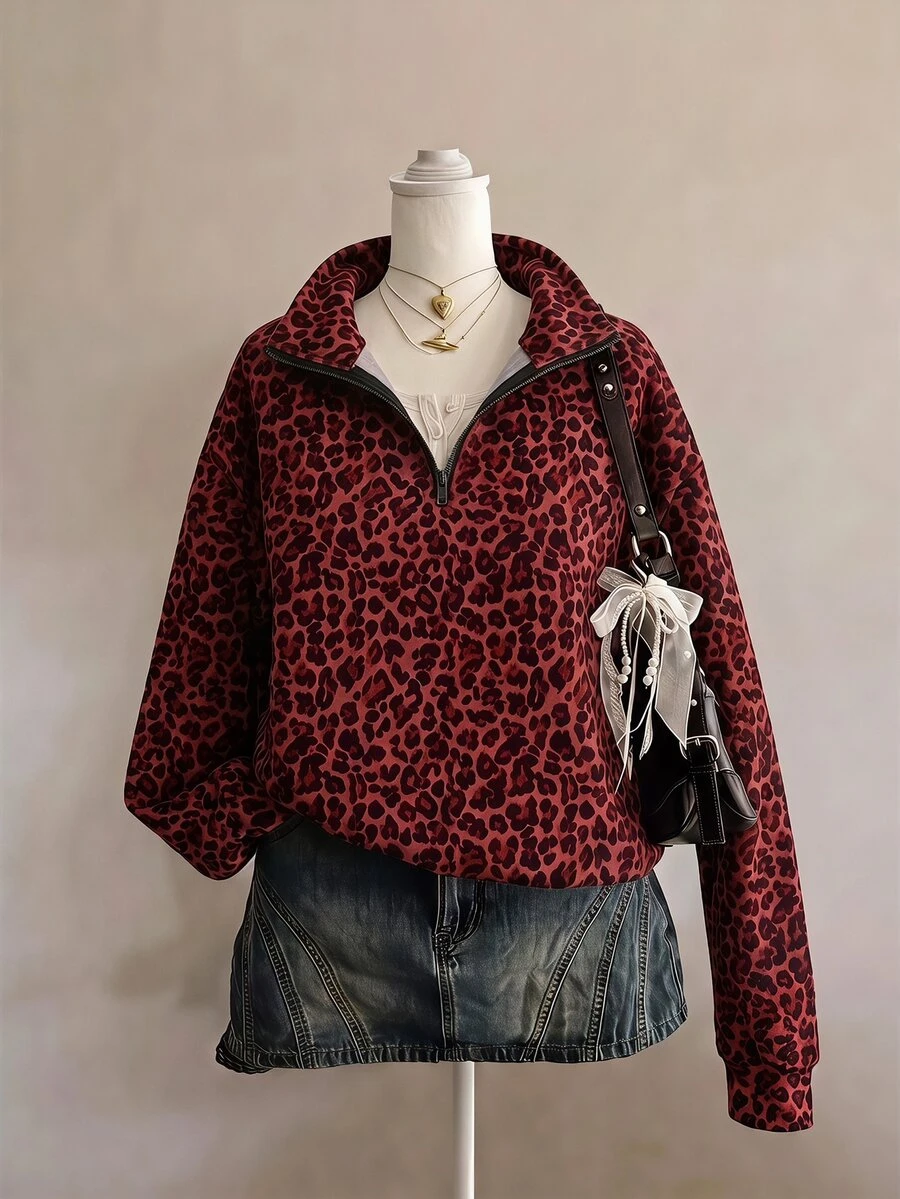 SHEIN EZwear 經典紅色豹紋半拉鍊女款運動衫,棕色調,秋季休閒街頭風,適合多種場合,Y2K復古風,返校季、聖誕節、新年,秋冬上衣 - 彩色 - 查看 1