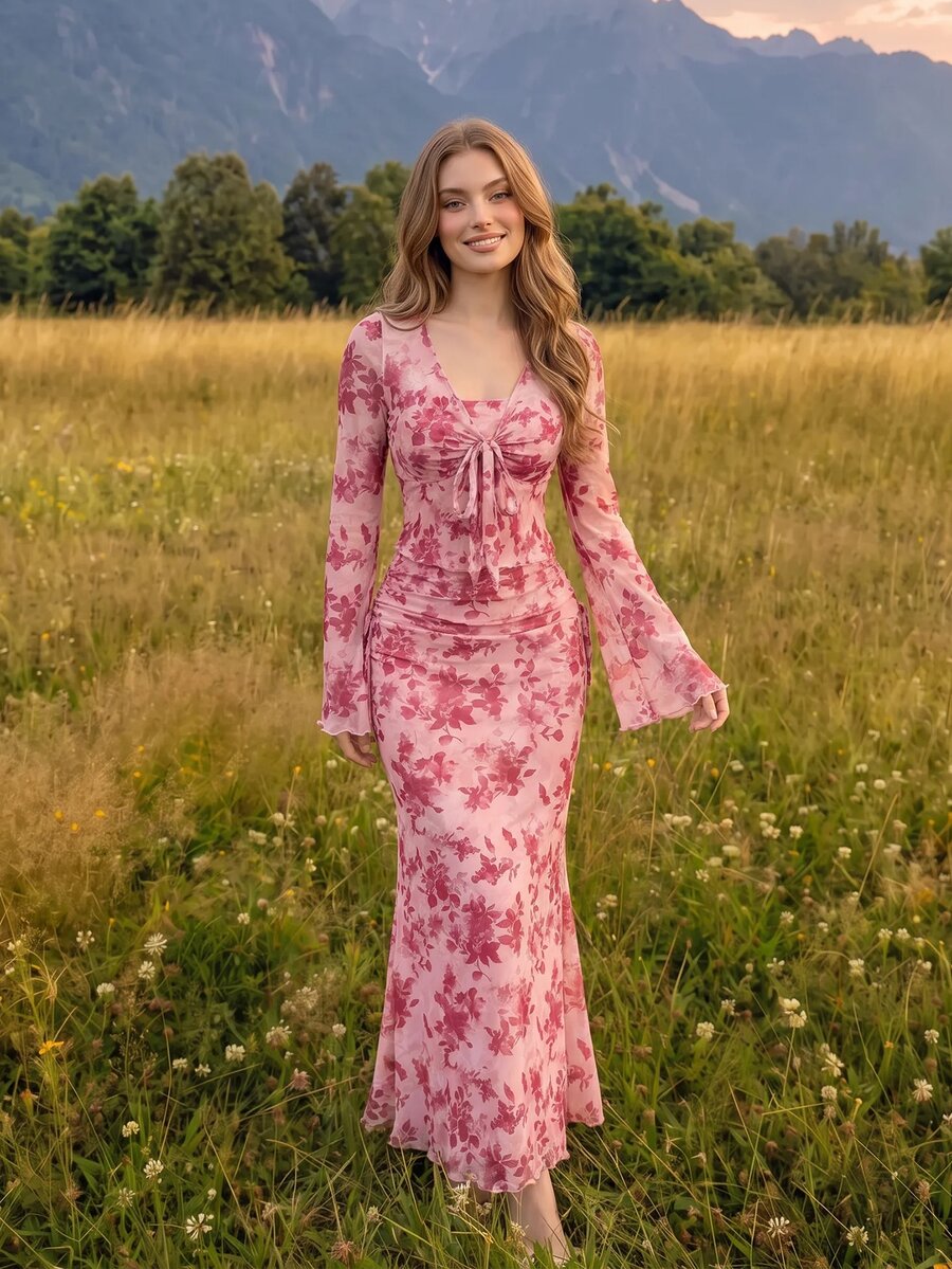SHEIN MOD 2 件套女士休闲长袖上衣和修身半身裙套装，女士秋季服装，优雅外出装