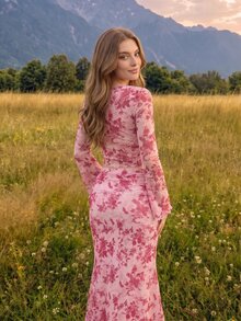 SHEIN MOD 2 件套女士休闲长袖上衣和修身半身裙套装，女士秋季服装，优雅外出装 - 粉色 - 查看 3