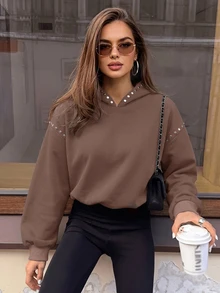 Avenya كنزة هوديي مزينة بمسامير، قصة فضفاضة مريحة، كنزة طويلة الأكمام بتأثير تنحيف، ملابس شارع علوية فضفاضة جداً - قهوة بني - مشاهدة 3