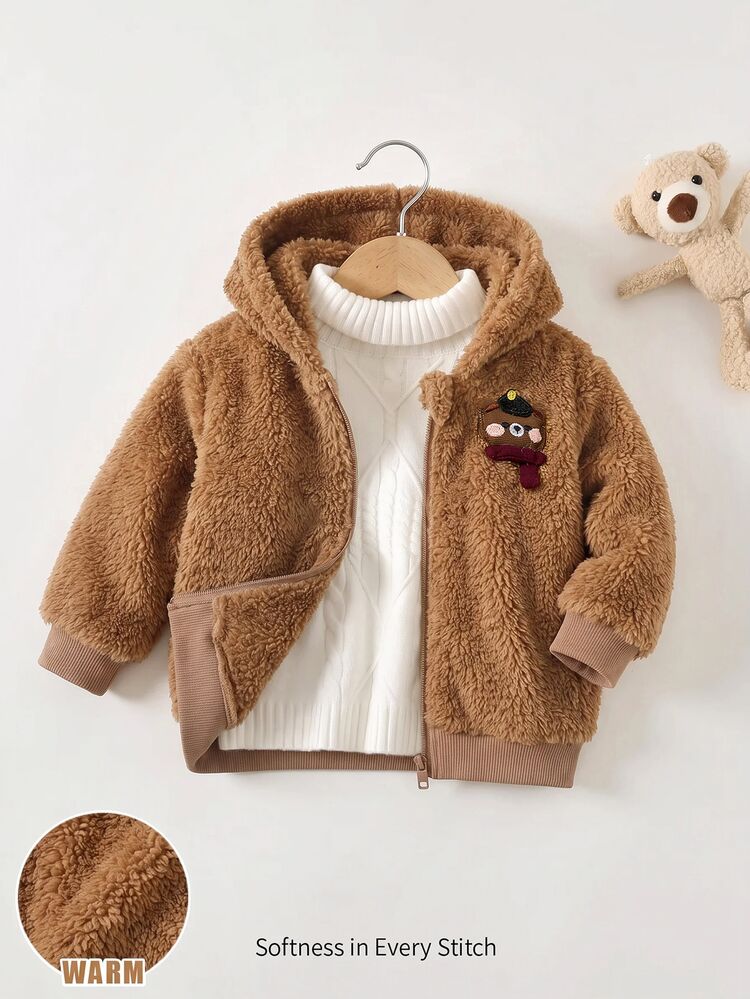 Cozy Pixies Baby Boy Decorative Woven Label Hooded Long Sleeve Winter Autumn Jacket, Thermal Lined Thick Warm Winter School Brown Bear Embroidery Chocolate Brown - Brown - View 6