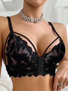 Seduluxe 1pc Women Lace Front Closure Wireless Bra - Black - View 7