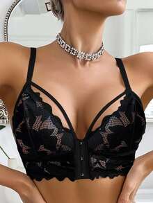 Seduluxe 1pc Women Lace Front Closure Wireless Bra - Black - View 5