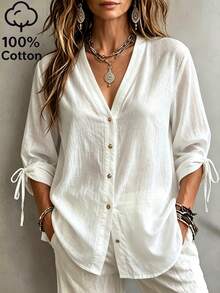 SHEIN Franclia Women's Solid-Color Casual Bohemian-Style Versatile Everyday Shirt White 100 Cotton With Bow Tie And Pleats Perfect For Summer Outfits Brunch Vacation - White - View 2