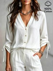 SHEIN Franclia Women's Solid-Color Casual Bohemian-Style Versatile Everyday Shirt White 100 Cotton With Bow Tie And Pleats Perfect For Summer Outfits Brunch Vacation - White - View 6