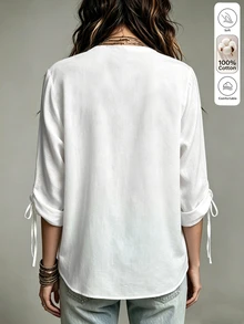 SHEIN Franclia Women's Solid-Color Casual Bohemian-Style Versatile Everyday Shirt White 100 Cotton With Bow Tie And Pleats Perfect For Summer Outfits Brunch Vacation - White - View 3