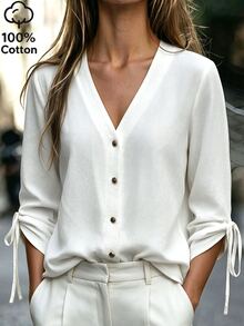 SHEIN Franclia Women's Solid-Color Casual Bohemian-Style Versatile Everyday Shirt White 100 Cotton With Bow Tie And Pleats Perfect For Summer Outfits Brunch Vacation - White - View 5