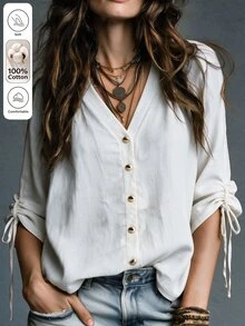 SHEIN Franclia Women's Solid-Color Casual Bohemian-Style Versatile Everyday Shirt White 100 Cotton With Bow Tie And Pleats Perfect For Summer Outfits Brunch Vacation - White - View 4