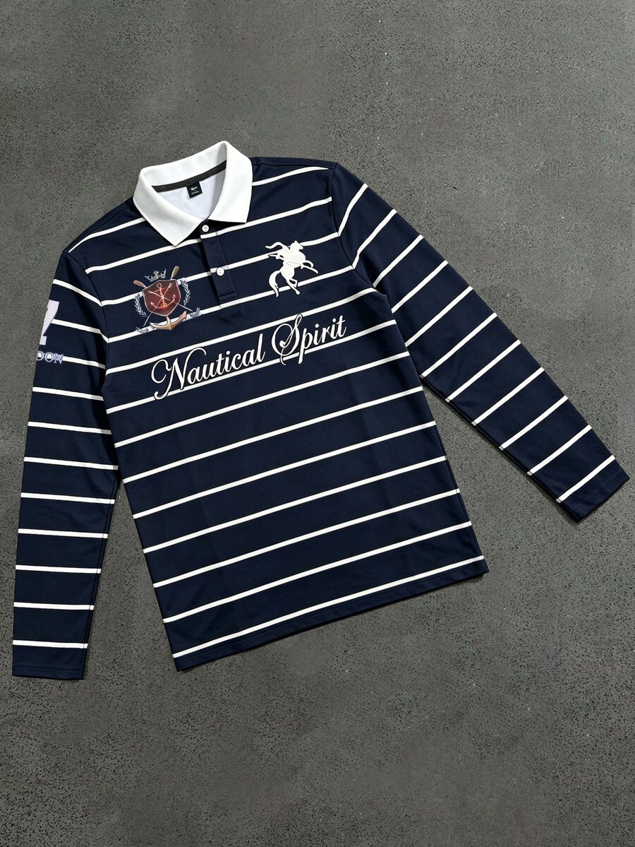 STYNVO 男士字母與騎士圖案印花半開襟鈕扣 Polo 衫 - 藏蓝色 - 查看 1