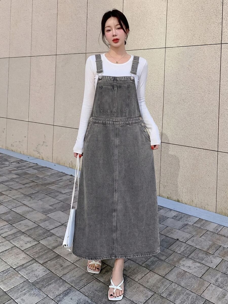 SHEIN 青少年女孩 Y2K 時尚休閒寬鬆舒適灰色牛仔寬腰帶連身裙,黑色上學穿搭 - 灰色 - 查看 1