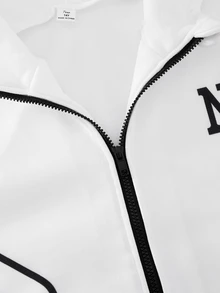 SHEIN Coolqubz 青少年男孩 2 件套套裝，「NY」字母圖案印花幾何拼接全拉鍊連帽外套與抽繩運動長褲運動服套裝，附口袋 - 黑與白 - 查看 5