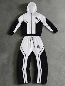 SHEIN Coolqubz 青少年男孩 2 件套套裝，「NY」字母圖案印花幾何拼接全拉鍊連帽外套與抽繩運動長褲運動服套裝，附口袋 - 黑與白 - 查看 3