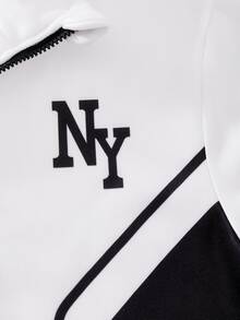 SHEIN Coolqubz 青少年男孩 2 件套套裝，「NY」字母圖案印花幾何拼接全拉鍊連帽外套與抽繩運動長褲運動服套裝，附口袋 - 黑與白 - 查看 4