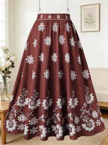 Franclia Plus Size Women Floral Print Pleated Casual Elegant Versatile Date Tea Party Outing A-Line Skirt Dark Red Autumn - Burgundy - View 2