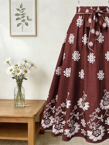 Franclia Plus Size Women Floral Print Pleated Casual Elegant Versatile Date Tea Party Outing A-Line Skirt Dark Red Autumn - Burgundy - View 7