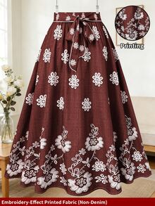 Franclia Plus Size Women Floral Print Pleated Casual Elegant Versatile Date Tea Party Outing A-Line Skirt Dark Red Autumn - Burgundy - View 1