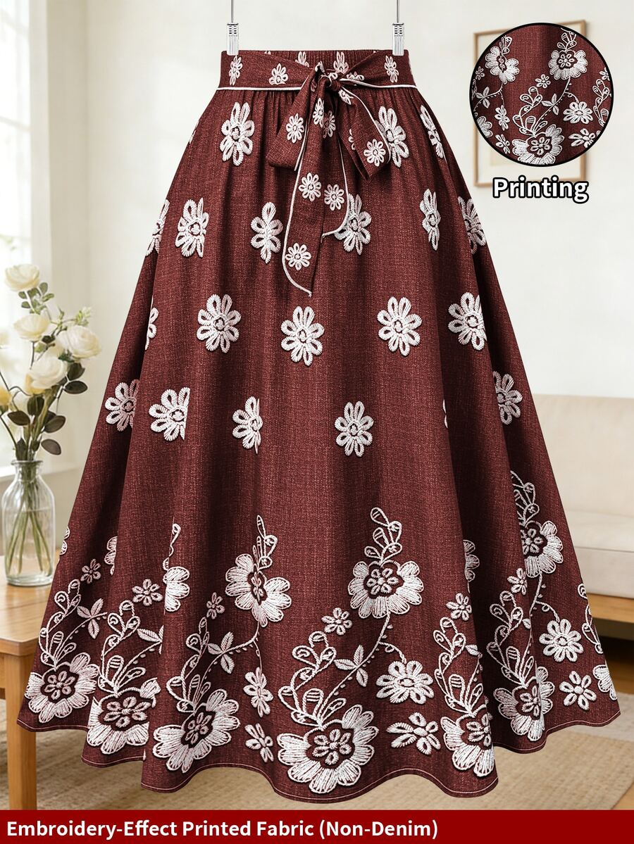 Franclia Plus Size Women Floral Print Pleated Casual Elegant Versatile Date Tea Party Outing A-Line Skirt Dark Red Autumn - Burgundy - View 1