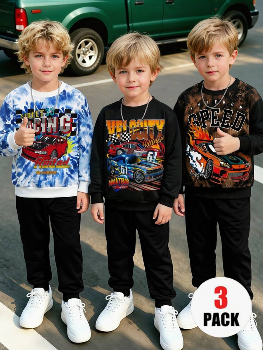 Young Boys 3pcs Set Sweatshirt, Cool Racing Letter Print Crew Neck Long Sleeve Fleece Lined Top, Soft Fabric Suitable For Outdoor Wear In Autumn/Winter - Multicolor - View 1