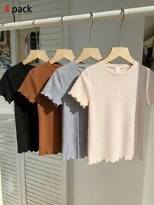 SHEIN Tween Girl Solid Color Round Neck Short Sleeve Casual T-Shirt 4pcs Set - Multicolor - View 1