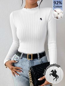 SHEIN Frenchy 92% Cotton Women's White Autumn Casual School Back-To-School Ribbed Turtleneck Long Sleeve T-Shirt,Horse Embroidery Old Money Slim Fit Striped Top - White - View 1