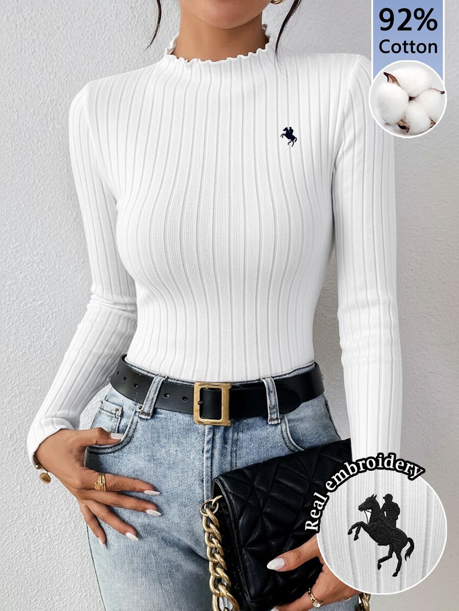 SHEIN Frenchy 92% Cotton Women's White Autumn Casual School Back-To-School Ribbed Turtleneck Long Sleeve T-Shirt,Horse Embroidery Old Money Slim Fit Striped Top - White - View 1
