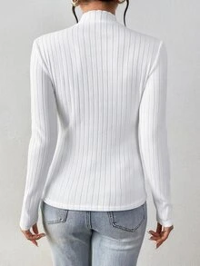 SHEIN Frenchy 92% Cotton Women's White Autumn Casual School Back-To-School Ribbed Turtleneck Long Sleeve T-Shirt,Horse Embroidery Old Money Slim Fit Striped Top - White - View 2
