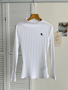 SHEIN Frenchy 92% Cotton Women's White Autumn Casual School Back-To-School Ribbed Turtleneck Long Sleeve T-Shirt,Horse Embroidery Old Money Slim Fit Striped Top - White - View 7