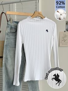 SHEIN Frenchy 92% Cotton Women's White Autumn Casual School Back-To-School Ribbed Turtleneck Long Sleeve T-Shirt,Horse Embroidery Old Money Slim Fit Striped Top - White - View 9