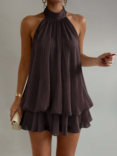 Avenya Halterneck-Mini-Kleid mit Bindung im Nacken, offenem Rücken, Rüschen, sexy und elegant, Partykleid, Hochzeitsgast-Outfit, für Nachtausgang und Geburtstagsparty, Dunkellila, Sommer