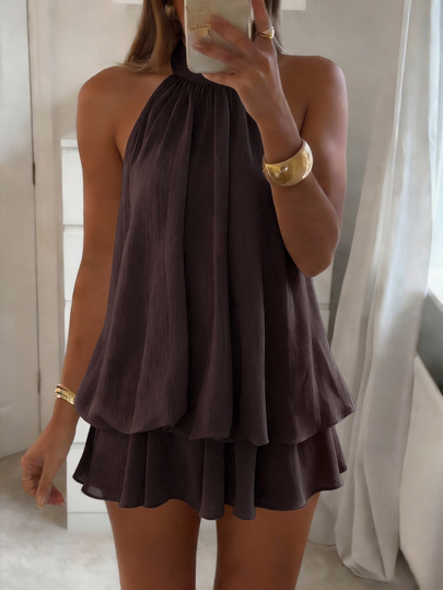 Avenya Halter Neck Tie Back Open Back Sexy Elegant Romantic Ruffle Mini Dress, Party Dinner Date Night, Wedding Guest Outfit, Birthday Dark Purple Summer