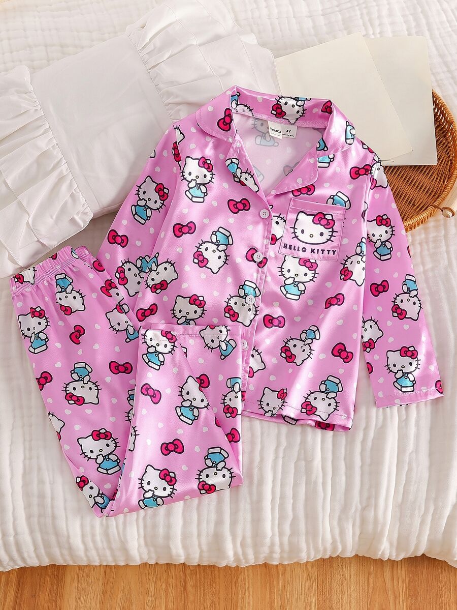 HELLO KITTY AND FRIENDS | SHEIN 女童全印花長袖上衣與長褲休閒日常居家睡衣套裝 - 粉色 - 查看 1