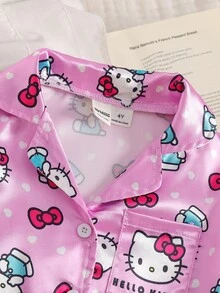 HELLO KITTY AND FRIENDS | SHEIN 女童全印花長袖上衣與長褲休閒日常居家睡衣套裝 - 粉色 - 查看 3