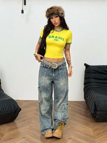 Coolane 女款巴西圖案黃綠配色籃球球衣風字母印花上衣，純棉夏季街頭穿搭，城市度假，嘻哈 Y2K 復古運動風 - 彩色 - 查看 4