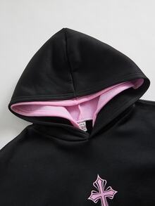 SHEIN 青少年男孩休閒舒適拼色連帽衛衣 - 黑色 - 查看 3