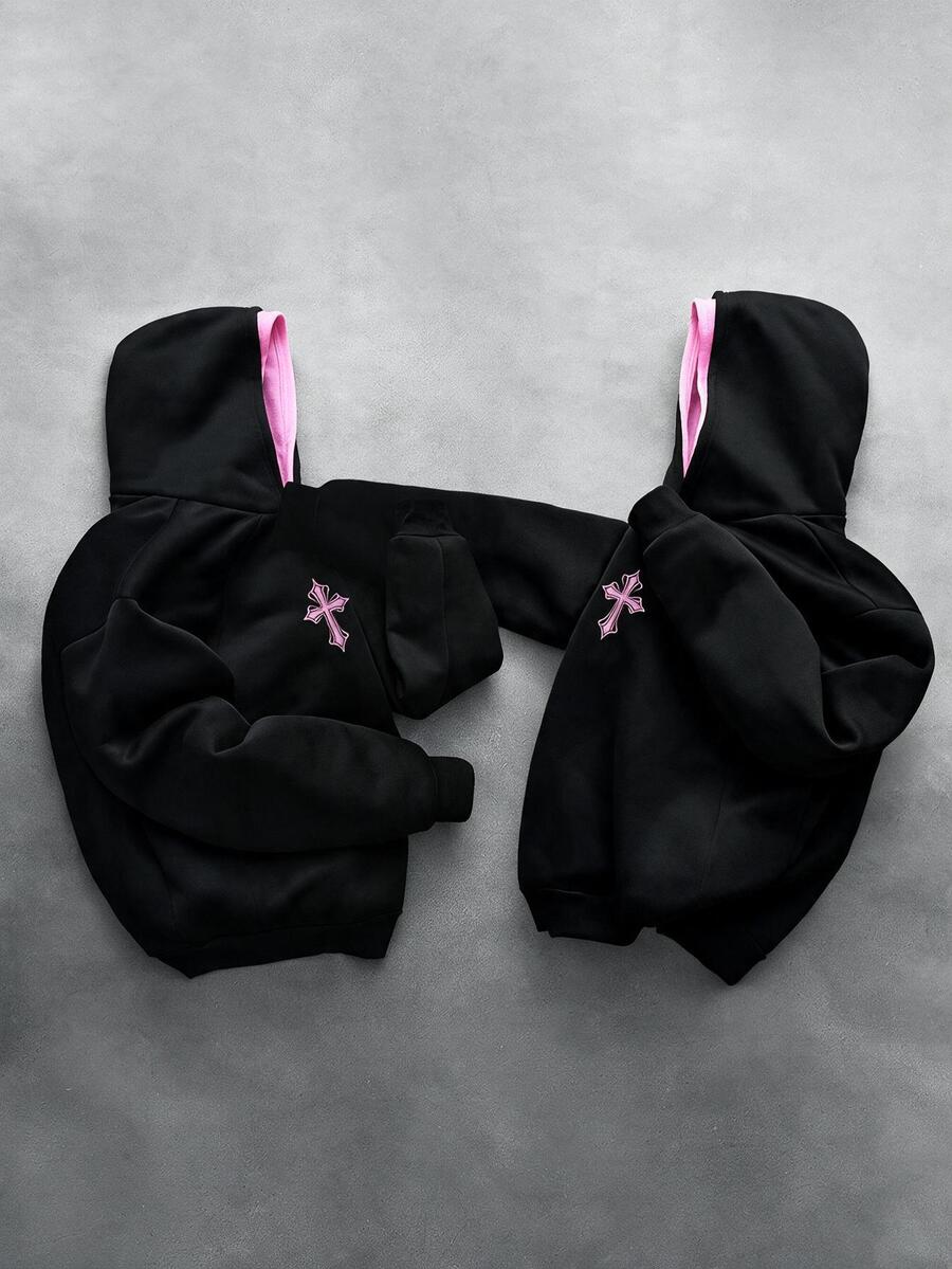 SHEIN 青少年男孩休閒舒適拼色連帽衛衣 秋冬款 - 黑色 - 查看 1