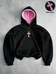SHEIN 青少年男孩休閒舒適拼色連帽衛衣 - 黑色 - 查看 1