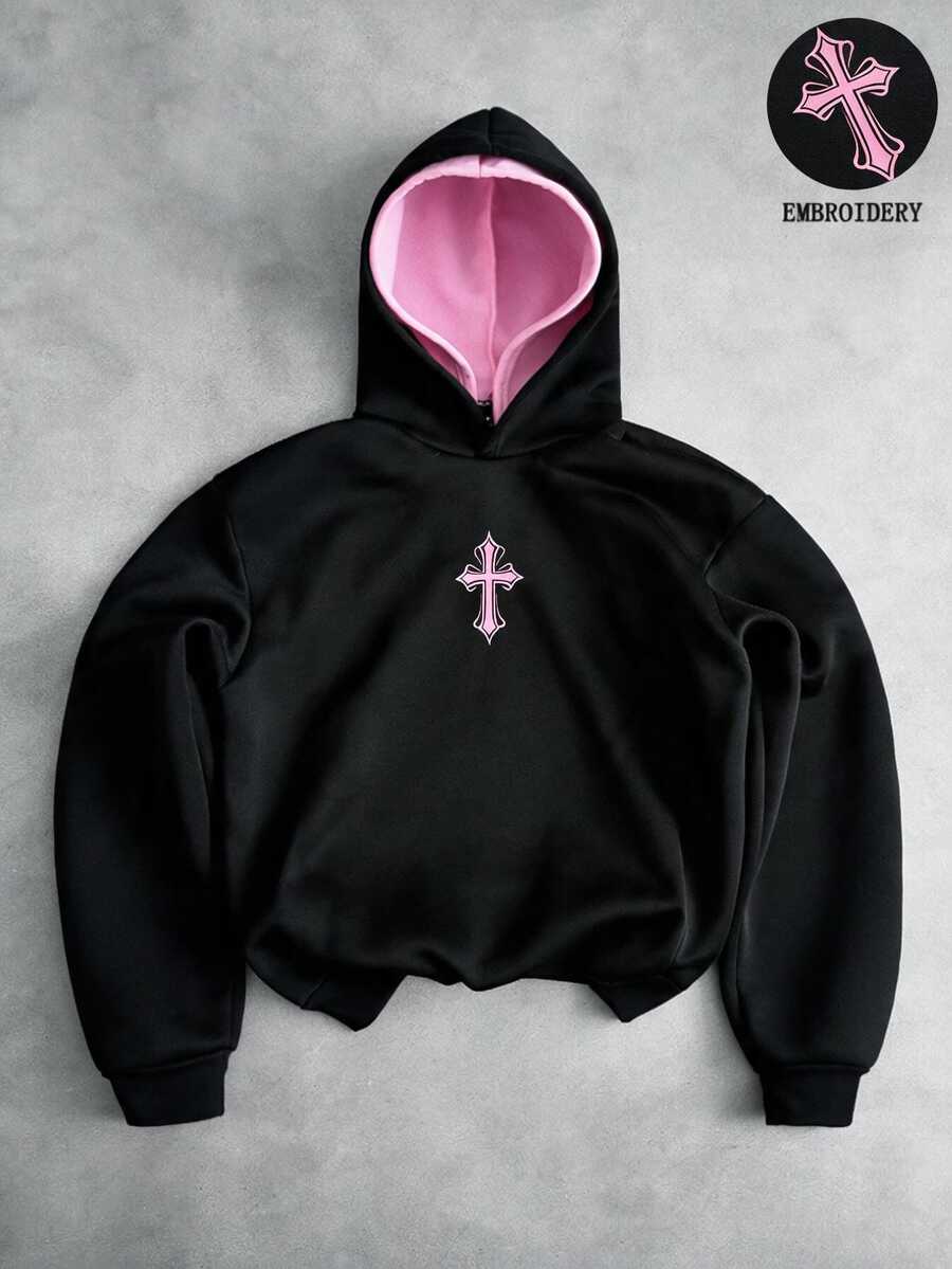 SHEIN 青少年男孩休閒舒適拼色連帽衛衣 - 黑色 - 查看 1