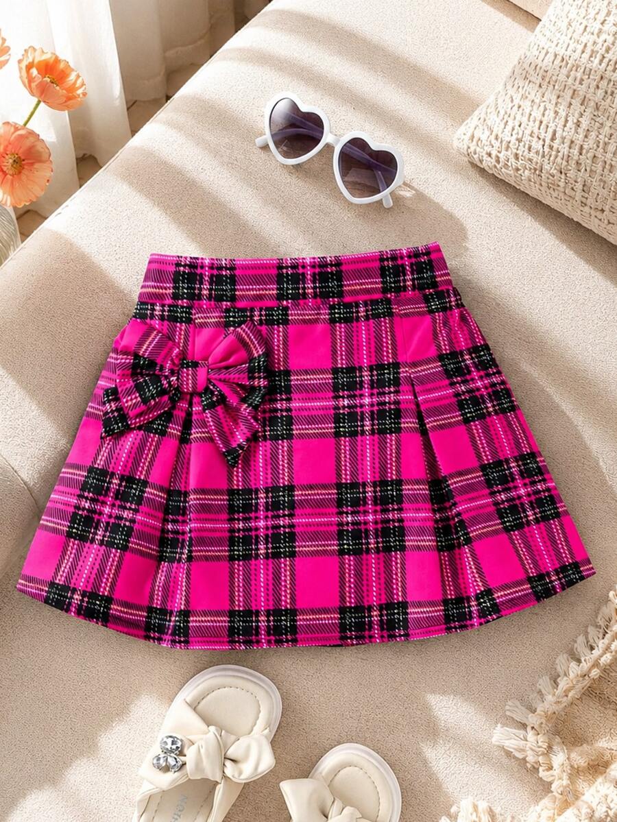 Young Girls' Plaid Skirt With Bow Decoration,Holiday,Summer,Travel - Hot Pink - View 1