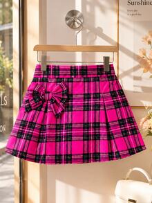 Young Girls' Plaid Skirt With Bow Decoration,Holiday,Summer,Travel - Hot Pink - View 9