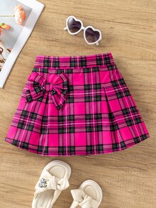 Young Girls' Plaid Skirt With Bow Decoration,Holiday,Summer,Travel - Hot Pink - View 3