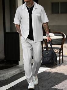 Manfinity CasualCool Men's Summer Casual Striped Patchwork Shirt And Pants Set - Khaki - View 5