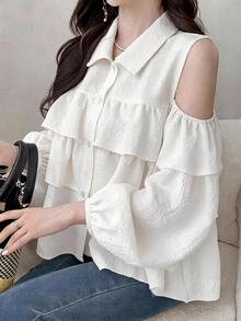 FRIFUL Solid Cold Shoulder Ruffle Trim Shirt Fall - White - View 1