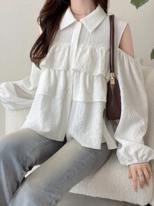 FRIFUL Solid Cold Shoulder Ruffle Trim Shirt Fall - White - View 6