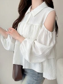 FRIFUL Solid Cold Shoulder Ruffle Trim Shirt Fall - White - View 5